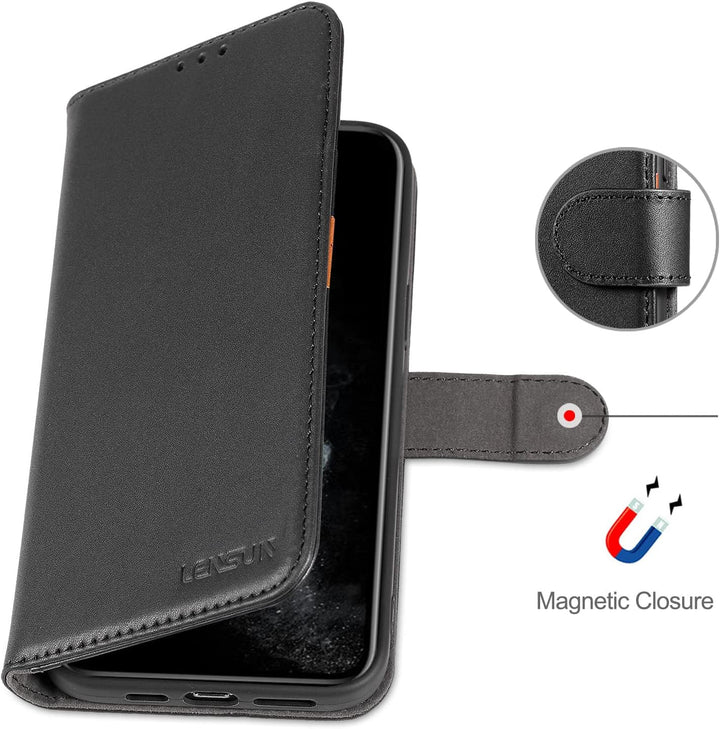 LENSUN Echtleder Hülle für iPhone 11 Pro Max, Handyhülle Flip Cover [Echtes Leder][Kartenfach][RFID