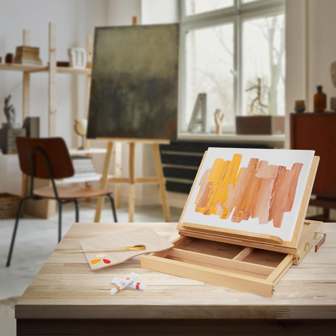 ECD Germany Tischstaffelei aus Holz mit Schublade und Palette, Holzstaffelei klein mit Aufbewahrungs