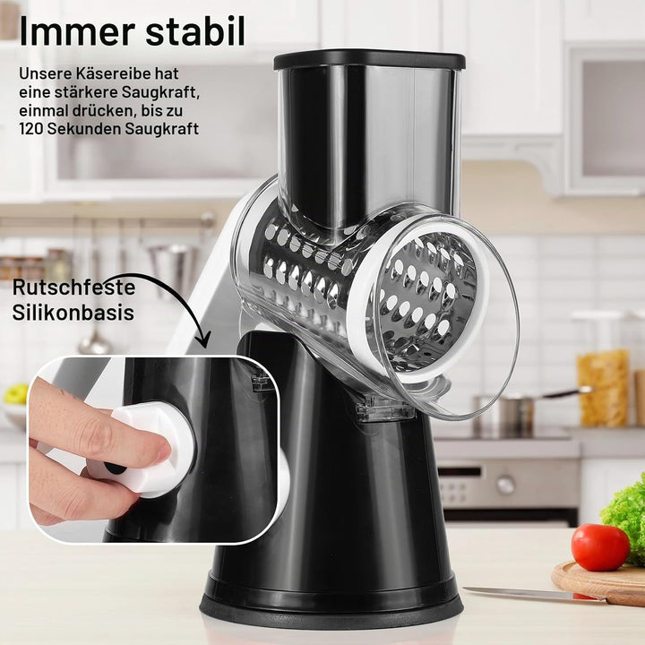 Dreamhigh® Käsereibe mit Kurbel, Gemüseschneider 3 Edelstahl Austauschbaren Trommelklingen, Manuelle
