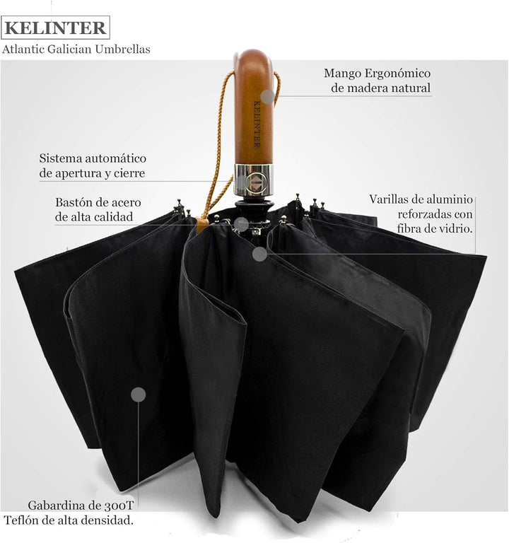 Regenschirm mit Holzgriff, Winddicht, zusammenklappbar, mit automatischem Öffnen und Schliessen, Tef