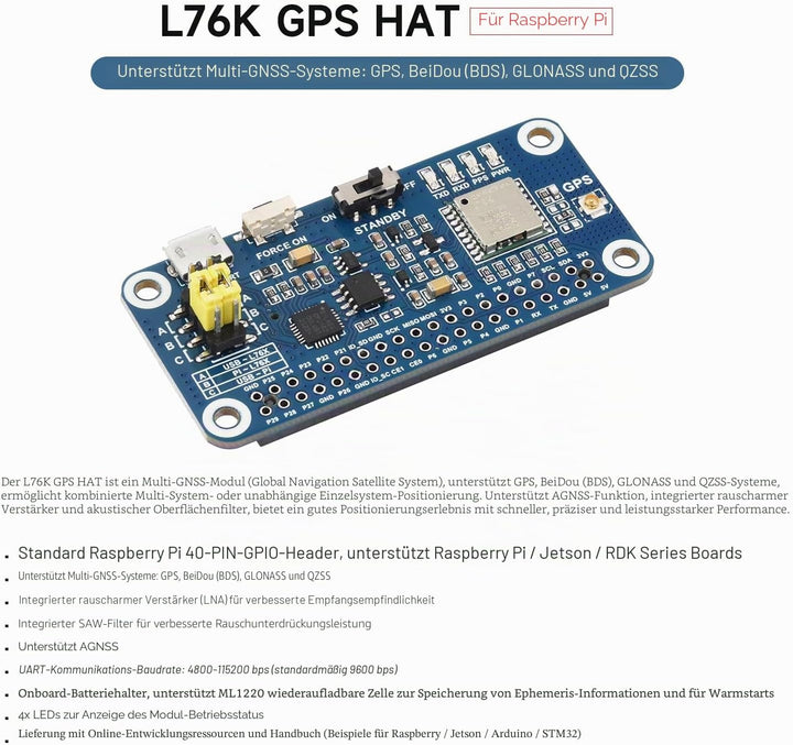 Waveshare L76K GPS HAT for Raspberry Pi, GPS/BeiDou (BDS) / GLONASS/QZSS Support