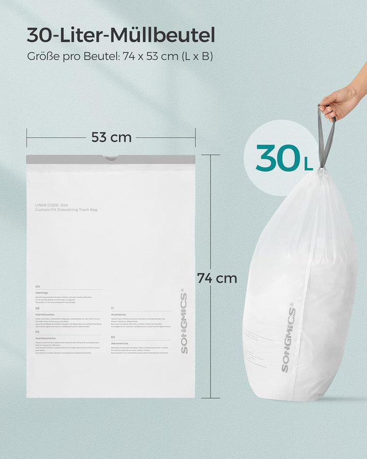 SONGMICS Müllbeutel mit Zugband, hochbelastbar, Müllsäcke für 30 Liter Mülleimer, bereits getrennt,