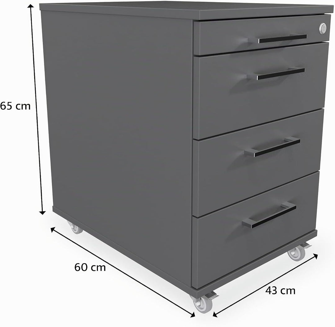 Rollcontainer 3 Schubladen + Materialauszug H 65 x B 43 x T 60 cm | Bürocontainer aus Holzwerkstoff
