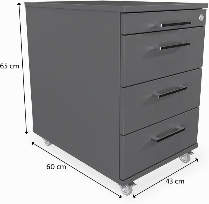 Rollcontainer 3 Schubladen + Materialauszug H 65 x B 43 x T 60 cm | Bürocontainer aus Holzwerkstoff