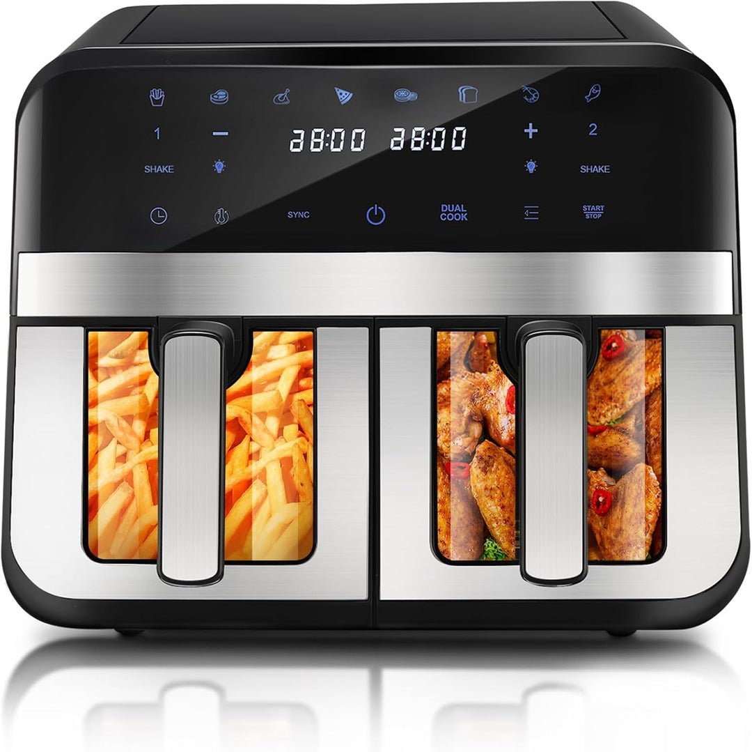 Dual Zone Heissluftfritteuse mit Sichtfenster, 9L XL Kapazität Doppel-Airfryer, 2 Schubladen, 8-in-1