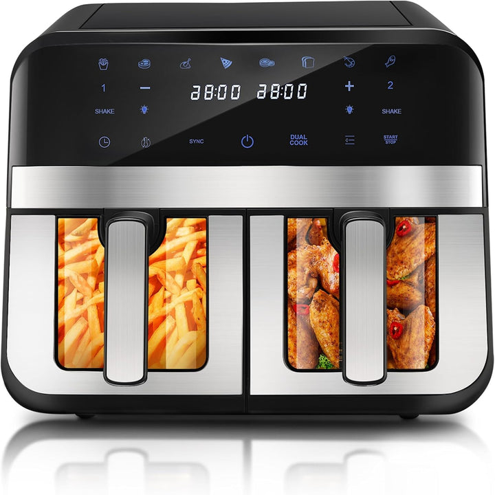 Dual Zone Heissluftfritteuse mit Sichtfenster, 9L XL Kapazität Doppel-Airfryer, 2 Schubladen, 8-in-1