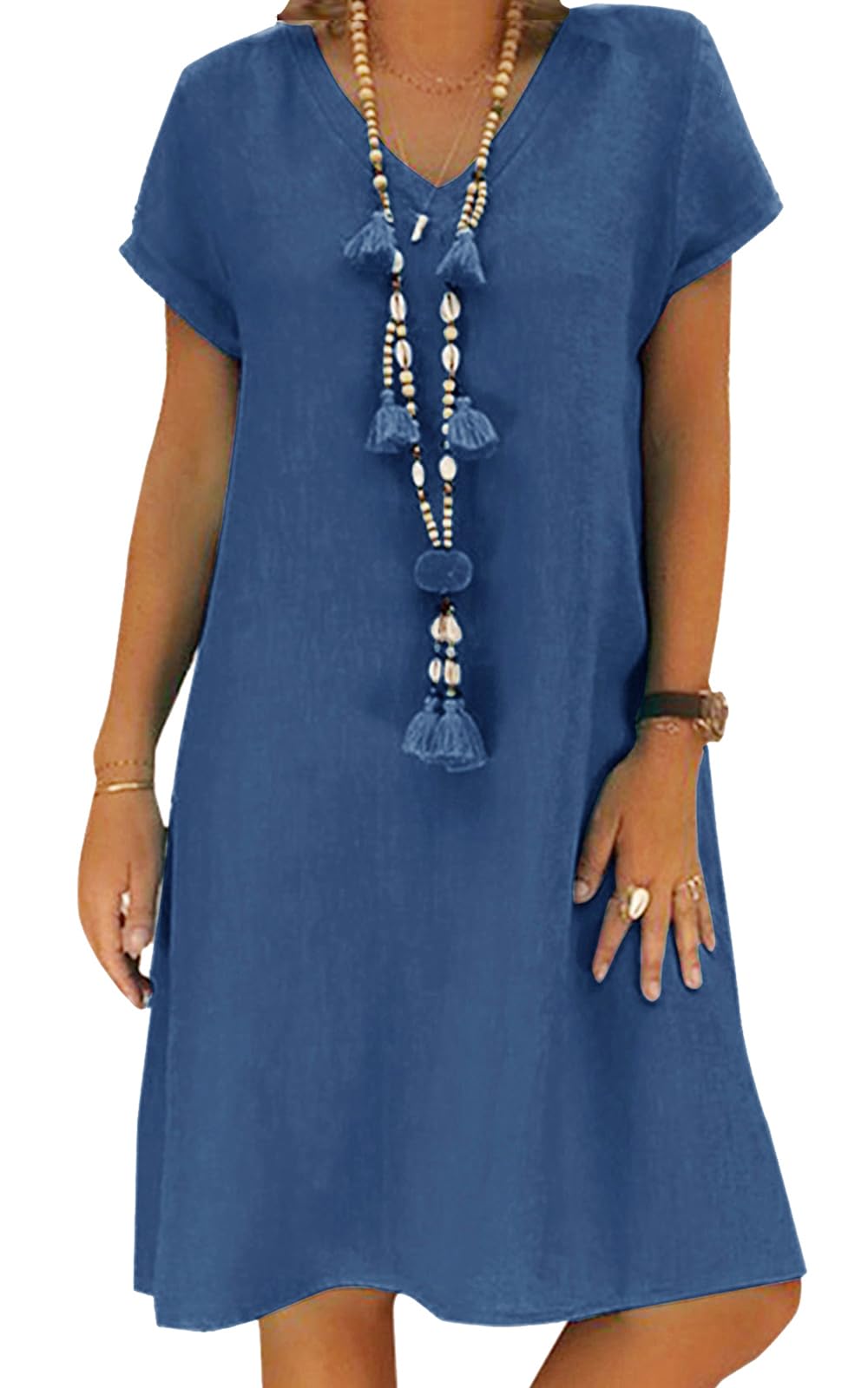 Tincini Sommerkleid Damen Leinen Kleider Casual V-Ausschnitt Midikleid Kurzarm A-Linie Kleid Strandk