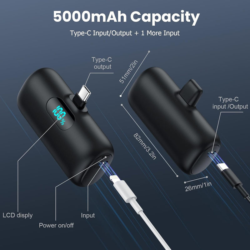 Feob Power Bank USB C 5000mAh, 15W PD 3.0A Schnelles Aufladen Powerbank Schlank LCD Display Extrener