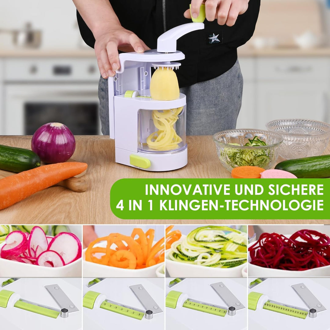 Spiralschneider Gemüse, 4 in 1 Zucchini Nudeln Spiralschneider mit Auffangbehälter, BPA-frei, Zucchi