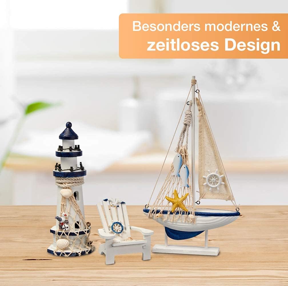 Flanacom Badezimmer Deko - 3er Set - Maritime Badezimmer Deko - Leuchtturm, Segel-Schiff und Strand-