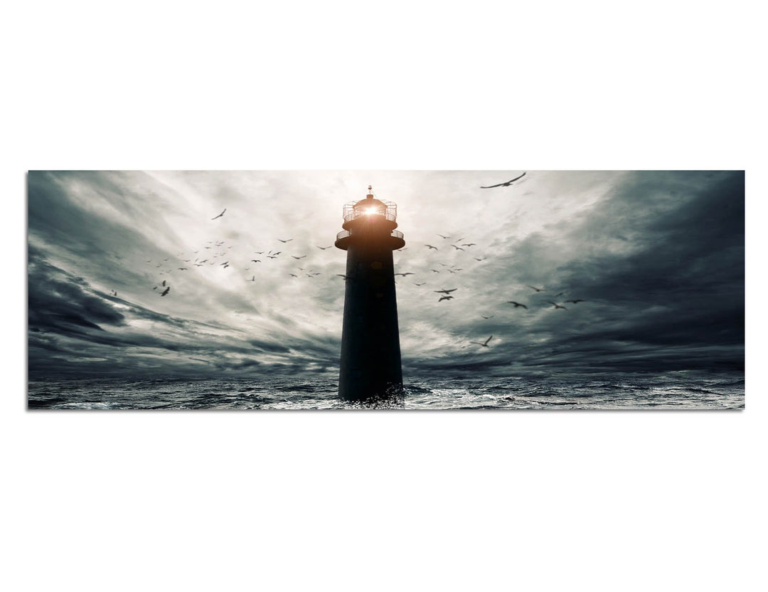 Paul Sinus Art Panoramabild auf Leinwand und Keilrahmen 150x50cm Meer Sturm Wellen Leuchtturm Vögel