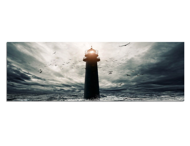 Paul Sinus Art Panoramabild auf Leinwand und Keilrahmen 150x50cm Meer Sturm Wellen Leuchtturm Vögel
