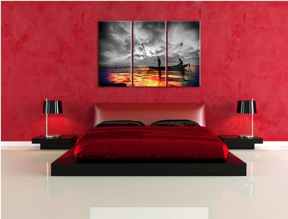 Angler angeln mit grossem Fangnetz auf See schwarz/weiss 3-Teiler Leinwandbild 120x80 Bild auf Leinw