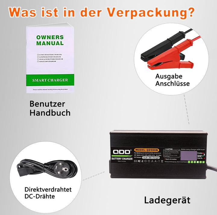 QDD 14,6 V 30 A LifePO4-Ladegerät, Erhaltungsladegerät und Smart-Ladegerät für 12 V LiFePO4-Batterie