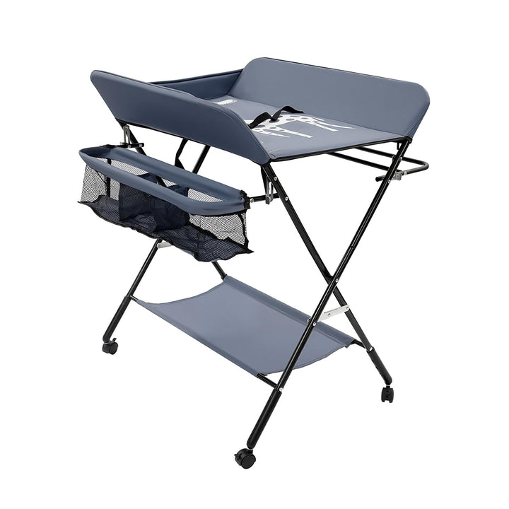 Wickeltisch Klappbar mit Rollen, Baby Wickelkombi Wickelkommode mit Wickelauflage, Sicherheitsgurt &