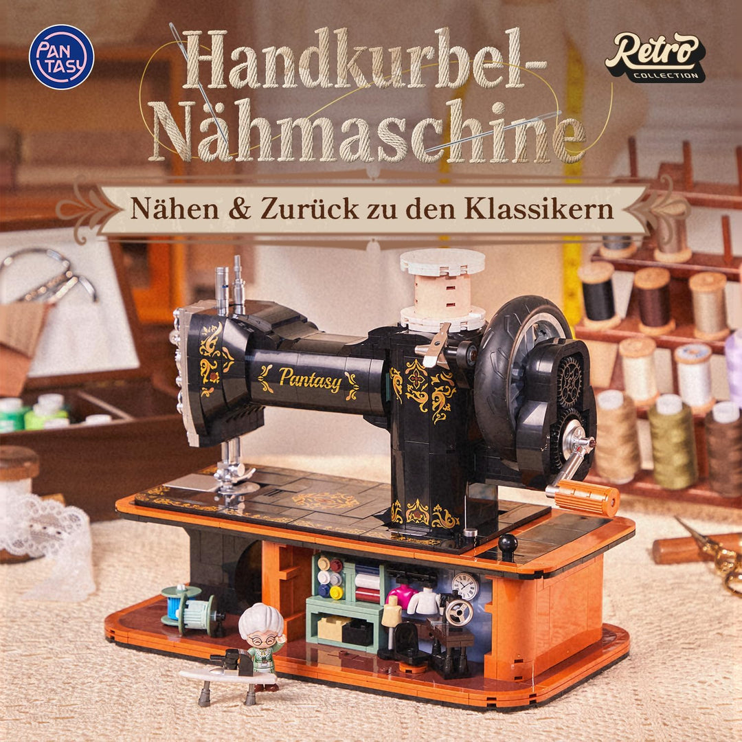PANTASY Retro Nähmaschine Baustein-Modell, Vintage Handkurbel mit Funktionierendem Zahnrad-Mechanism