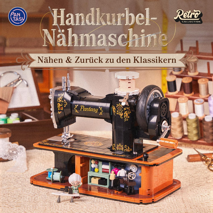 PANTASY Retro Nähmaschine Baustein-Modell, Vintage Handkurbel mit Funktionierendem Zahnrad-Mechanism