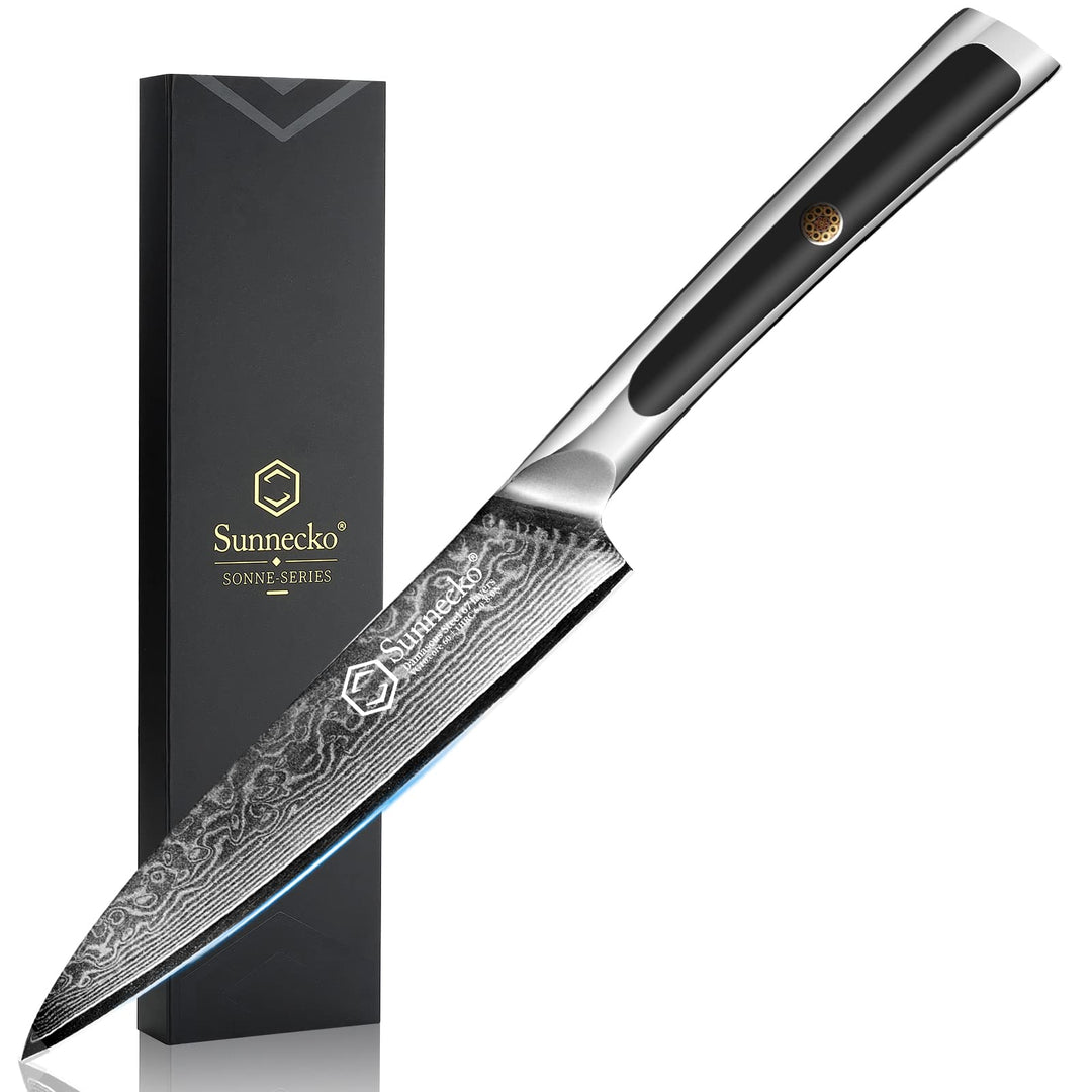Sunnecko Damast Allzweckmesser Kochmesser 13cm Profi Damast Küchenmesser, 67 Schichten Damastmesser
