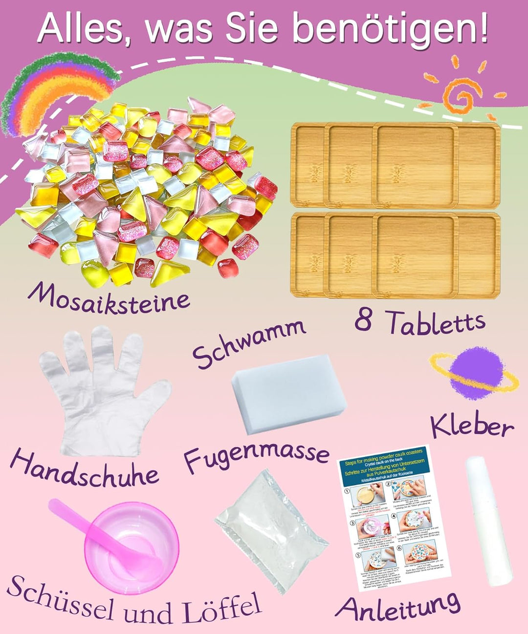 Finsink Mosaik bastelset kinder 8pcs mosaik untersetzer bastelset diy holz untersetzer Set Mosaikste