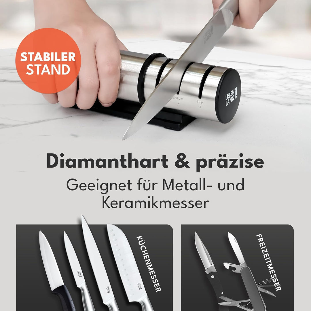 LEBENLANG 3 Stufen Messerschärfer - Kompakt für Grob & Feinschliff I Schleifklingen aus Diamant & Ke