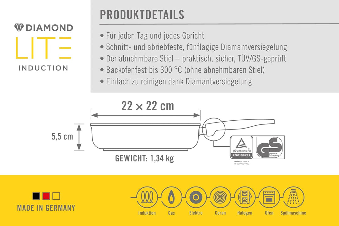 WOLL 1622DPI Schmorpfanne, quadratisch, Allzweckpfanne, Schwarz, 220 mm, 220 mm, 55 mm 22x22 cm, 5.5