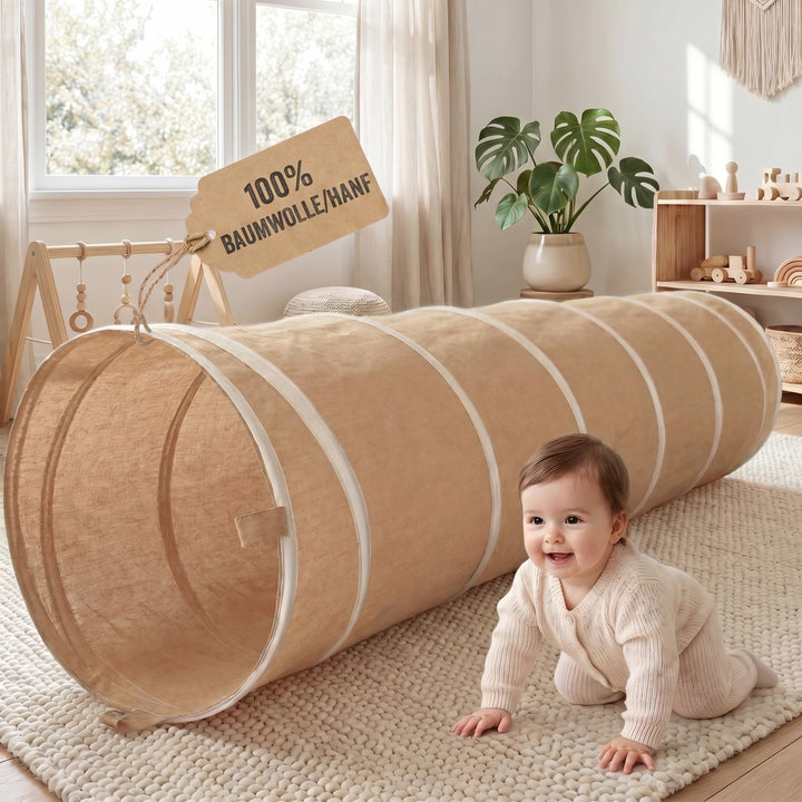 Spieltunnel für Kinder aus Baumwolle/Hanf mit Klettverschlüssen [180cm x 46cm] Krabbeltunnel für Bab