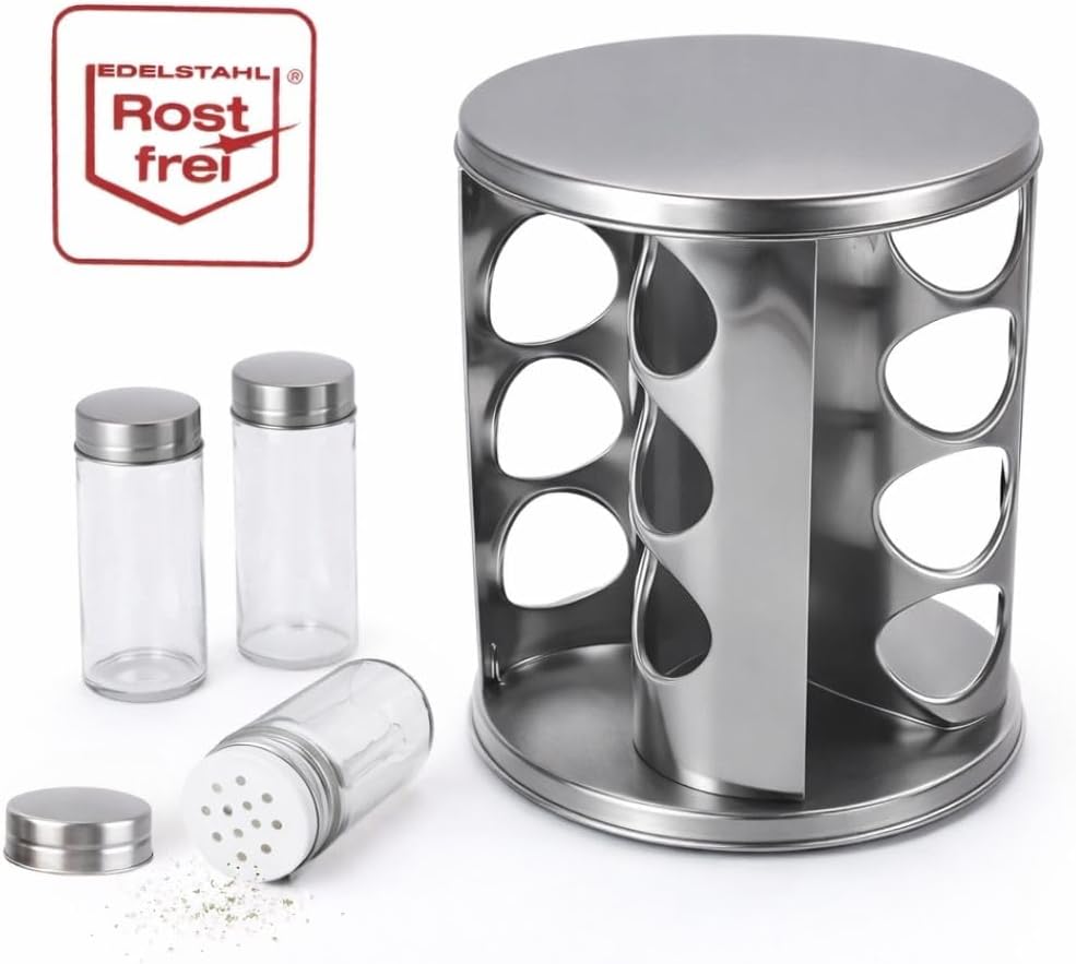 Gewürzregal Set- 12 Gewürzgläser Edelstahl - 360° drehbarer Gewürzständer für Küche -Gewürzkarussell