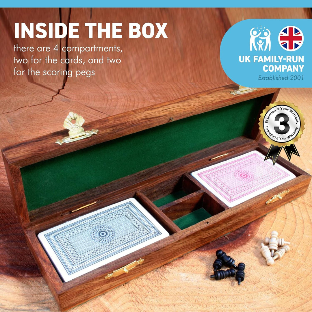 Wooden Cribbage Board with pegs and Two Packs of Playing Cards