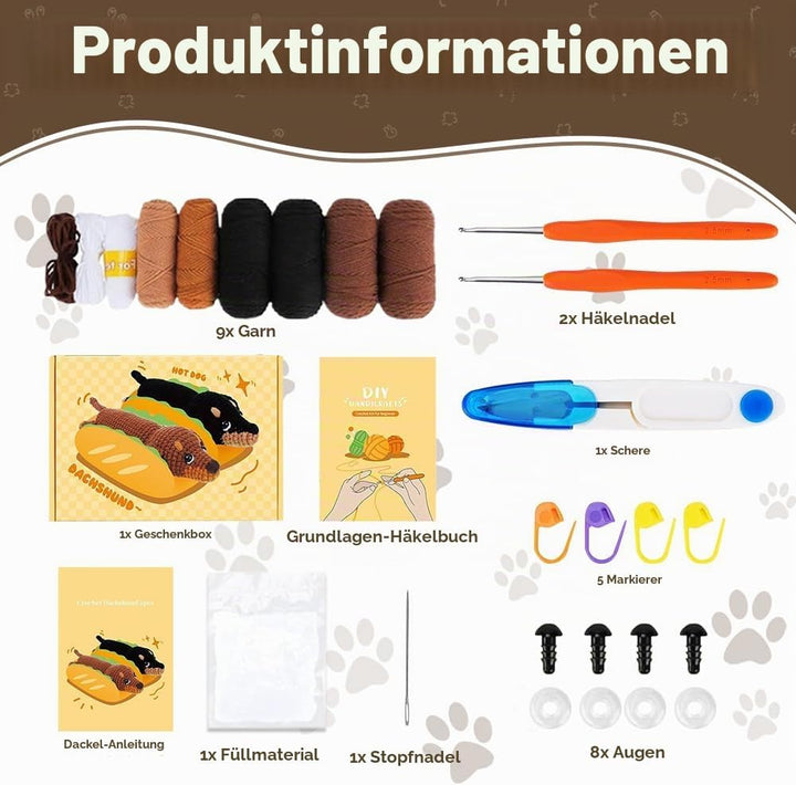 Wxeadu Häkelset für Anfänger, Häkelset Tiere, 2 Stück Dackel Garn Häkelnadel Set, Häkeln für Anfänge