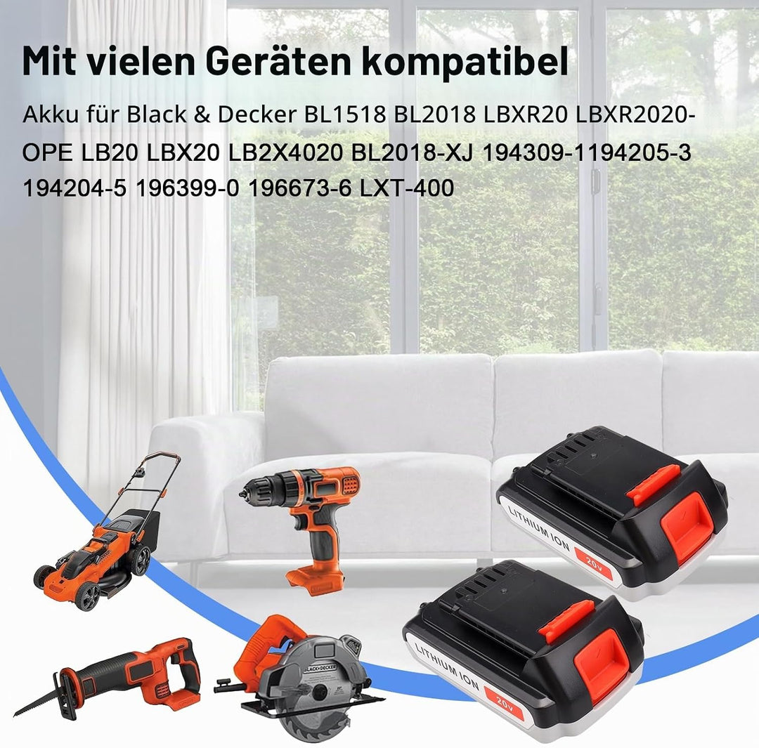 2 Stück 20 V 3000 mAh Lithium-Ersatz-Werkzeugakku für Black &amp; Decker BL1518 BL2018 LBXR20 LBXR2020-O