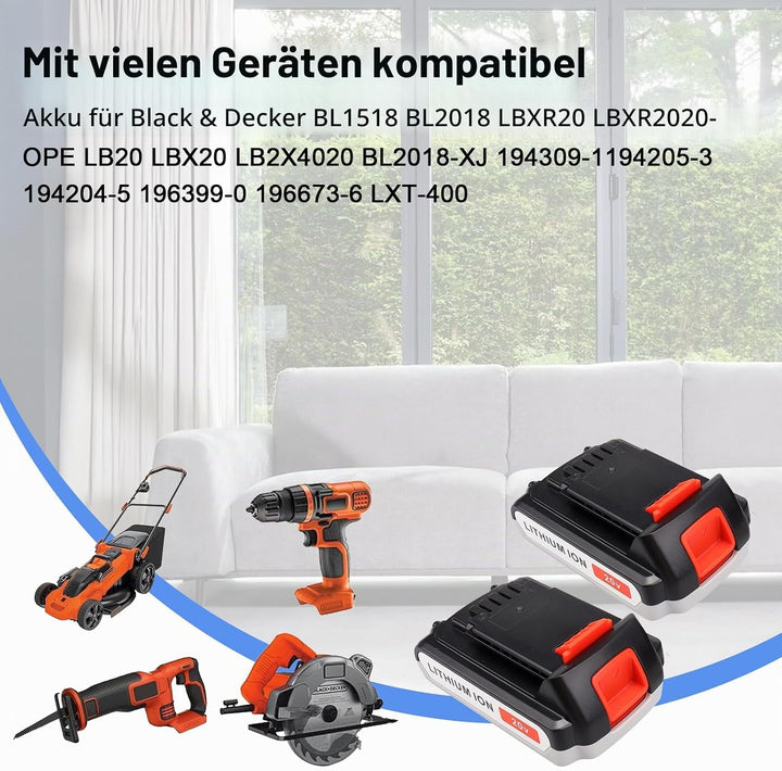 2 Stück 20 V 3000 mAh Lithium-Ersatz-Werkzeugakku für Black &amp; Decker BL1518 BL2018 LBXR20 LBXR2020-O