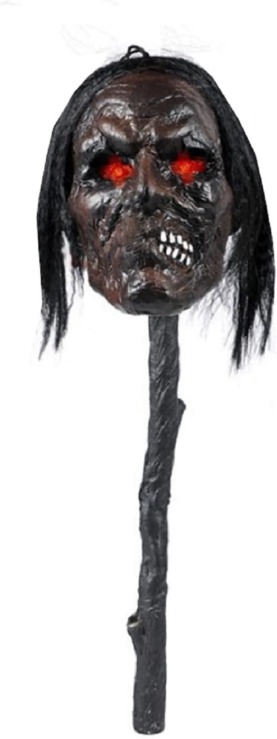 MIMIKRY Voodoo Zepter Grosser Schrumpfkopf mit Haaren und Leuchtaugen auf AST Trophäe Halloween Deko