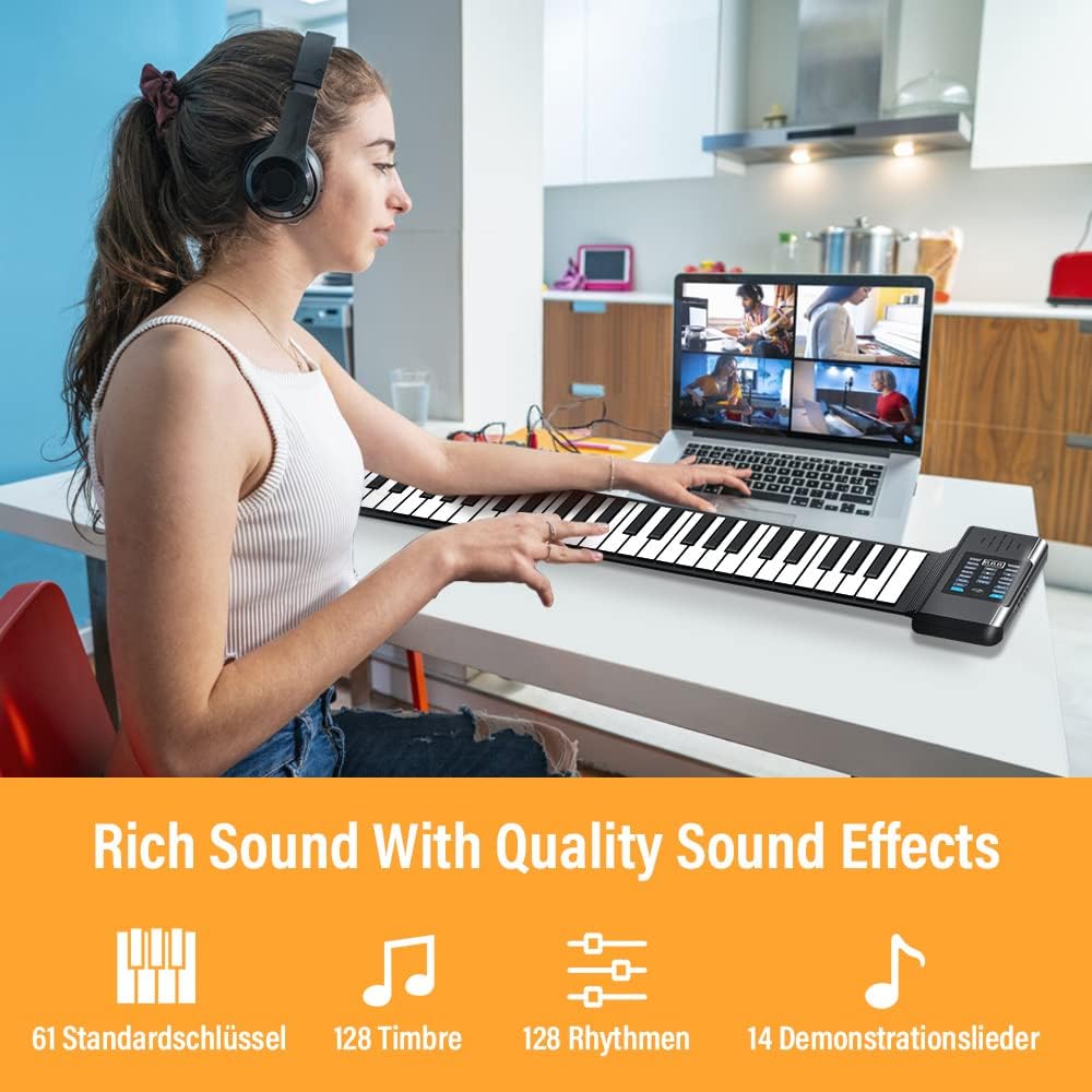 OYAYO Roll Up Piano Keyboard, 61 Tasten Rollpiano Unterstützt MIDI mit 128 Tönen und Rhythmen, Rollk