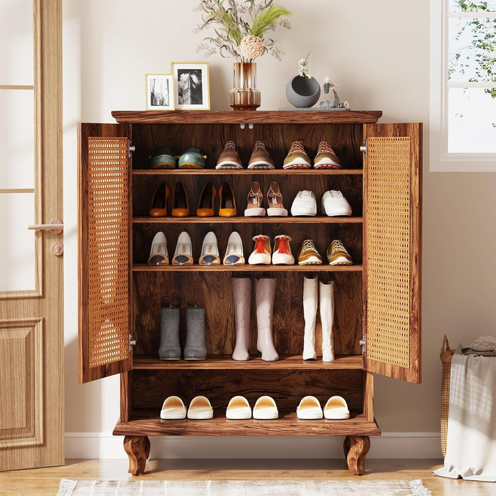 Tribesigns Rattan-Schuhschrank mit 2 Türen, 75x 37x 110cm, Schuhkipper schmal,7-stöckig Schuhregal f