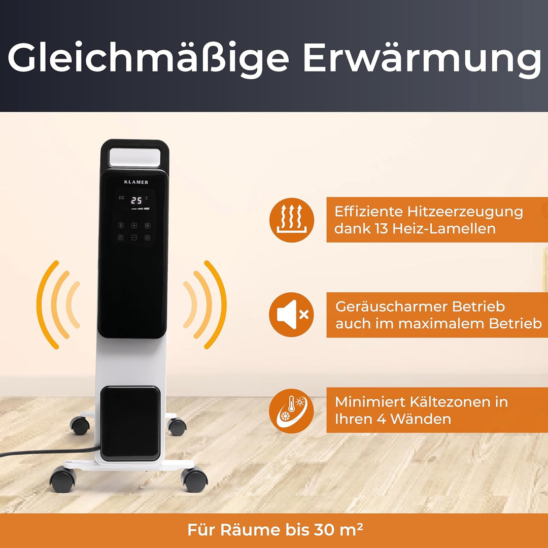KLAMER Ölradiator 2500 W, Elektroheizung energiesparend, 13 Rippen, 3 Heizstufen mit Eco-Modus, 24h