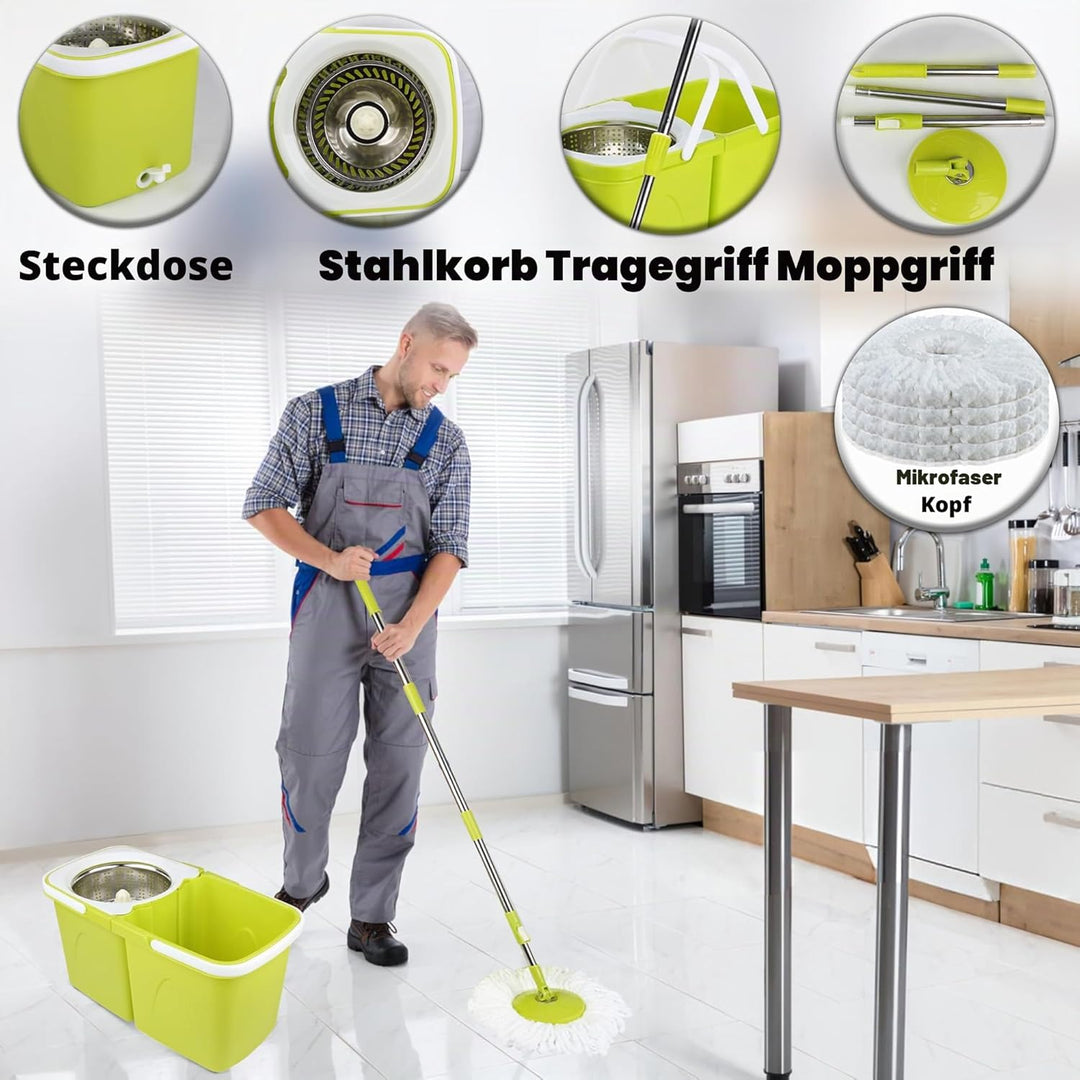 ARSUK Mopp- und Eimer-Sets – 2 separate stapelbare Eimer mit 2 Mikrofaser-Moppköpfen und 360° drehba