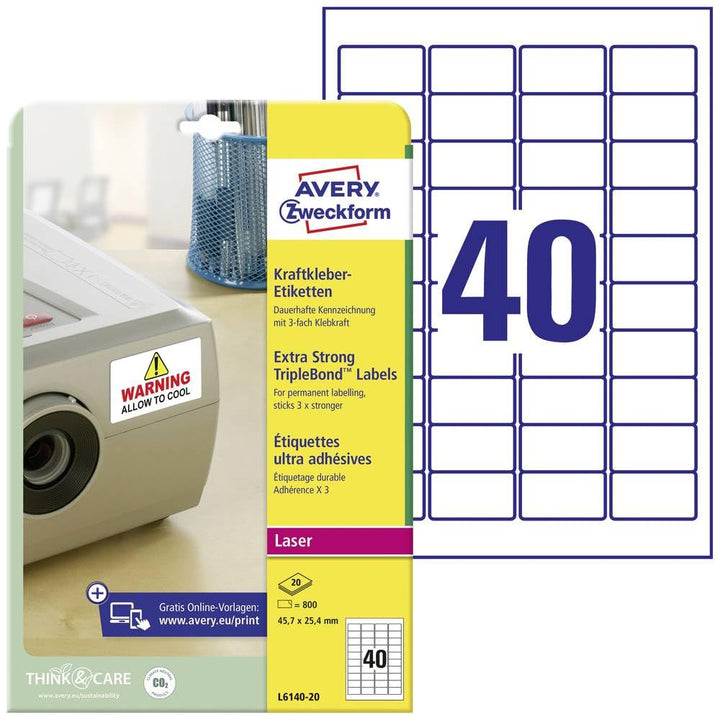 AVERY Zweckform L6140-20 Kraftkleber Etiketten (800 Aufkleber, 45,7x25,4mm auf A4, extrem stark selb
