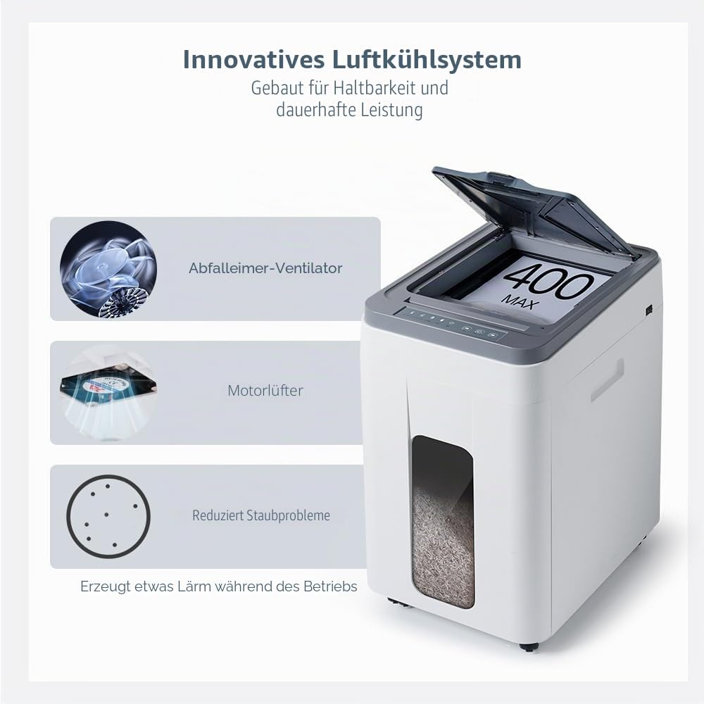 Aktenvernichter Automatischer Einzug Professionell: P5 Mikroschnitt 400 Blatt Profi Schredder für Pa