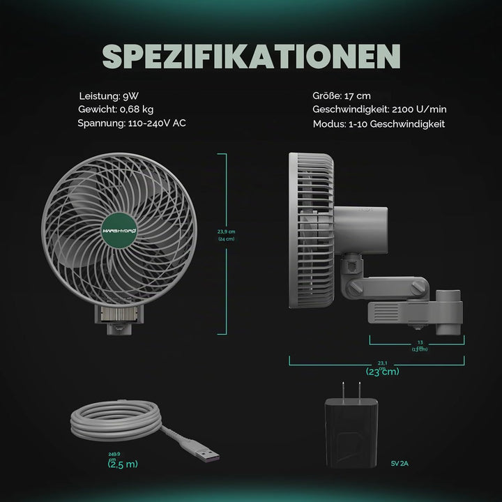 MARS HYDRO Clip Ventilator Grow Oszillierend Leise Klein for Growzelt，3 Geschwindigkeitsstufen, Grow