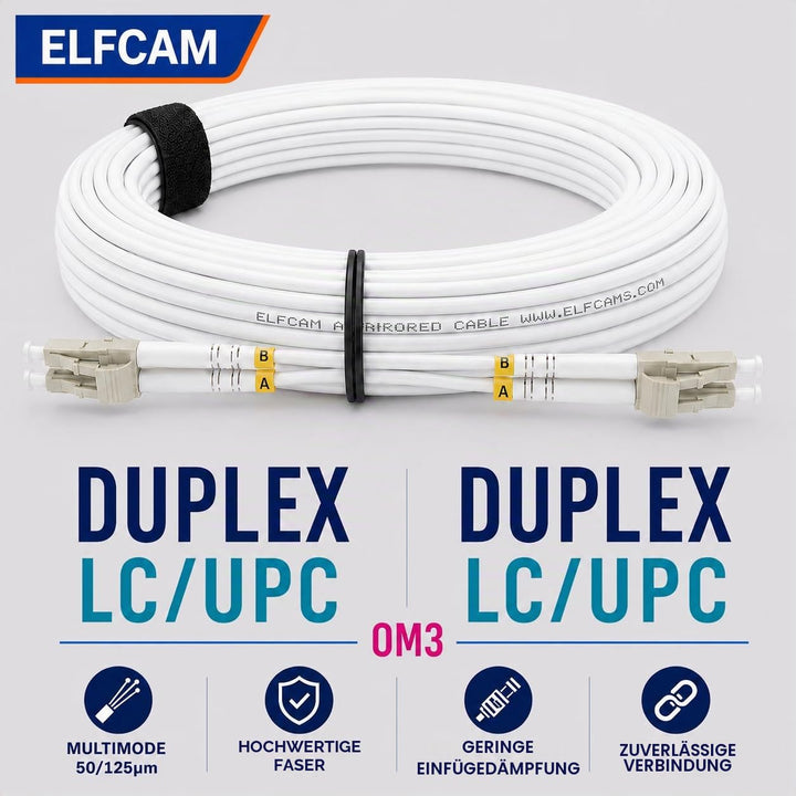 Elfcam® - 15m LWL Glasfaser-Kabel LC/UPC auf LC/UPC 50/125um OM3 Multimode Duplex LSZH, Farbe Weiss,