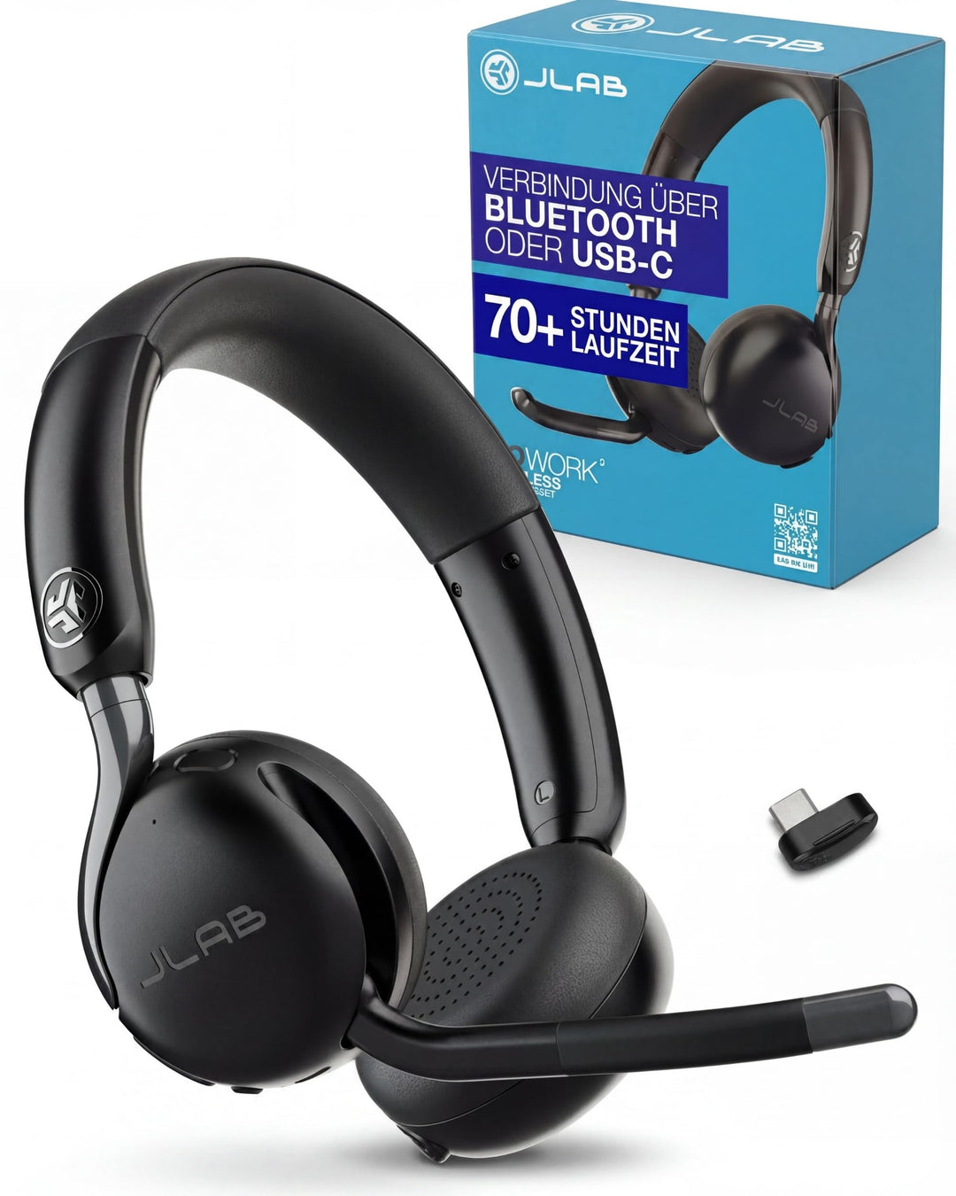 JLab Go Work 3 Bluetooth Headset mit Mikrofon - 70+ h Akkulaufzeit, USB-C Dongle, Geräuschunterdrü