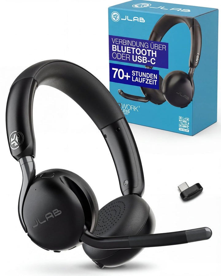 JLab Go Work 3 Bluetooth Headset mit Mikrofon - 70+ h Akkulaufzeit, USB-C Dongle, Geräuschunterdrü