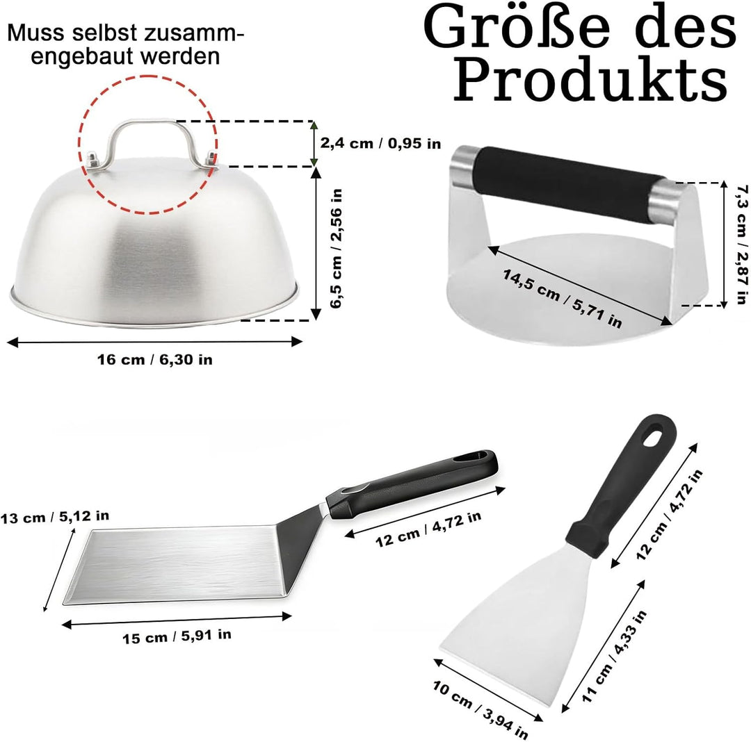Smash Burger Set aus Edelstahl, 5 Smash Burger Set, Vielseitig Burgerpressen Kit, Burger Spachtel Se