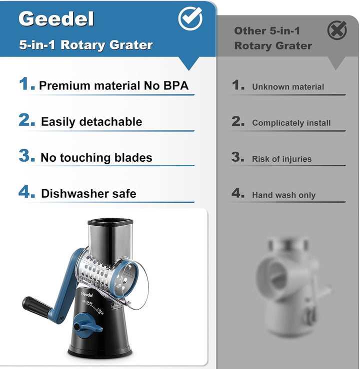 Geedel Käsereibe, Reibe für Gemüse, Gemüseschneider Trommelreibe mit kurbel | 5 Edelstahlklingen, 12