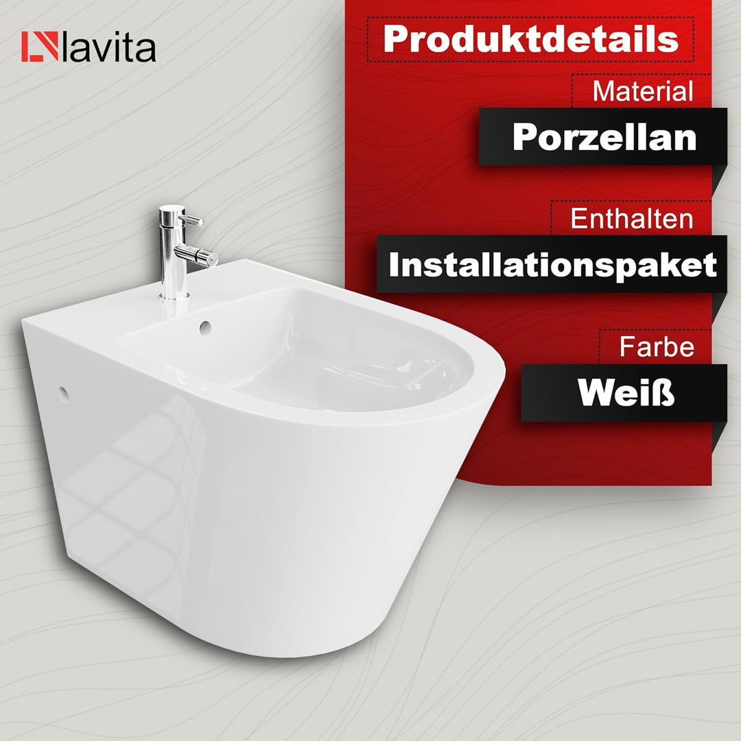 LAVITA Universal Wand-Bidet Galve mit Hahnloch und Überlaufschutz aus Keramik | Sitzwaschbecken zur