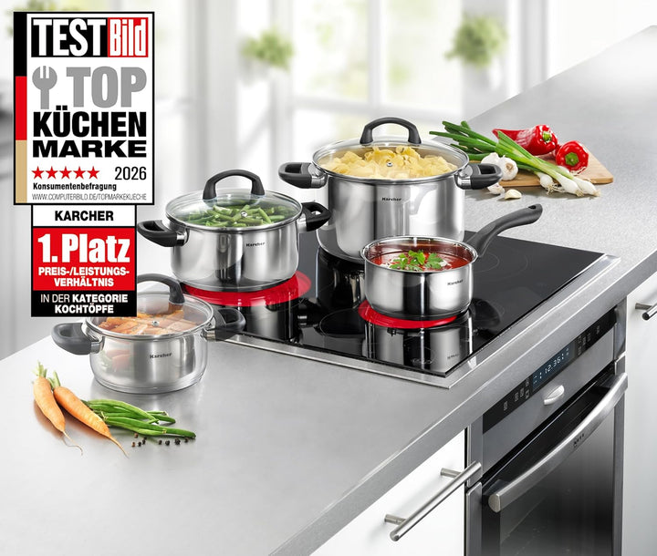 Karcher Topfset Mia aus Edelstahl, Kochgeschirr Induktion-Kochtopf-Set, Töpfe mit Glasdeckel und Sti