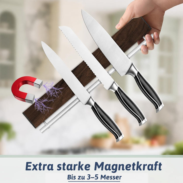 Magnetleiste Messer, 30cm Walnuss-Optik Messerhalter magnetisch mit 5 Haken, Magnet Messerhalter ohn