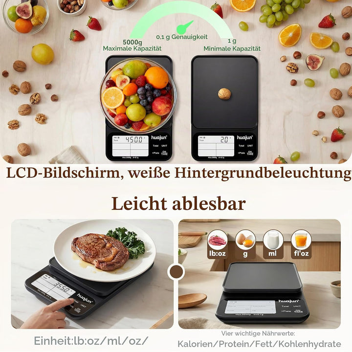 Küchenwaage Digital mit Nährwertberechnung, 5kg/0,1g Küchenwaage Bluetooth mit Kalorienzähler, App S