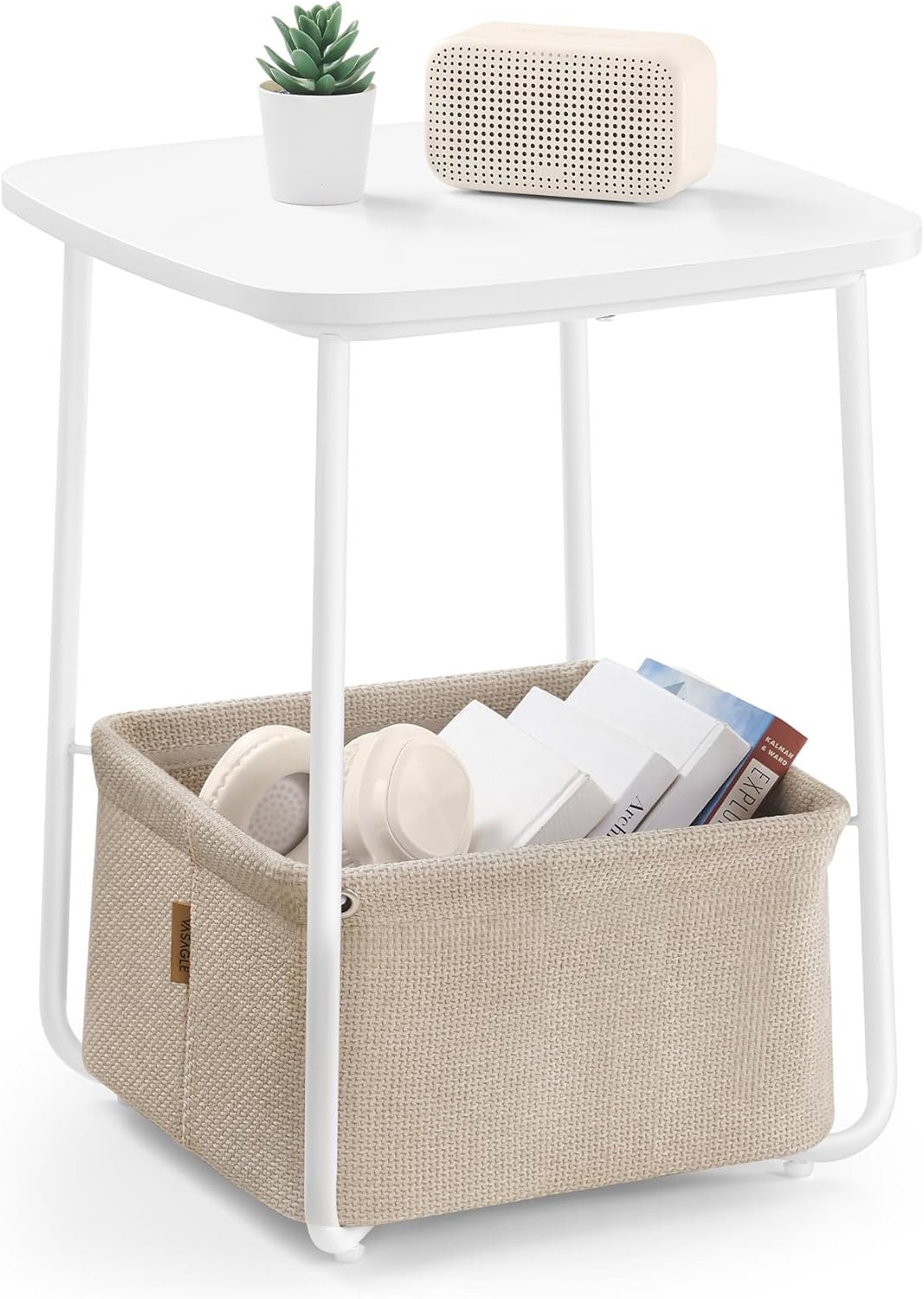 VASAGLE Beistelltisch quadratisch, Kleiner Tisch, Couchtisch klein, Wohnzimmertisch, Korb aus Stoff,