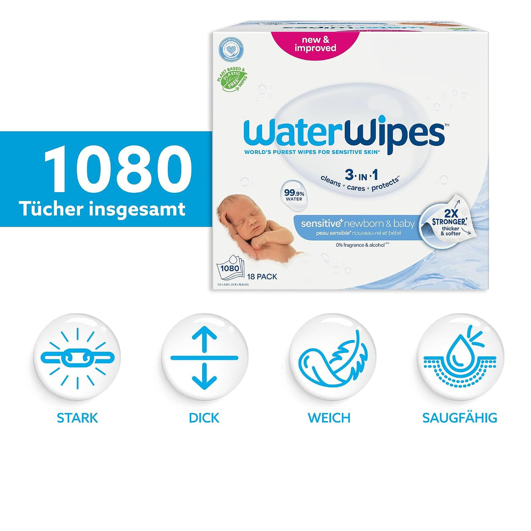 WaterWipes Original plastikfreie Feuchttücher für Babys und Kleinkinder 1080 Stück (18 Packungen), h